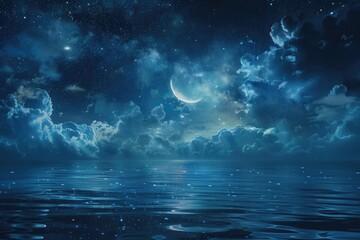 Ramadan Kareem background with crescent  stars  glowing clouds above serene sea.