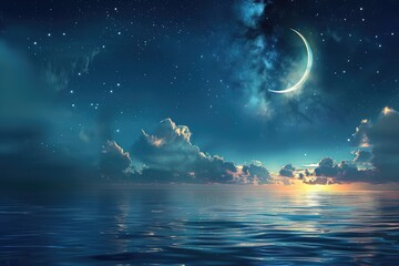 Obraz na płótnie Canvas Ramadan Kareem background with crescent stars glowing clouds above serene sea.