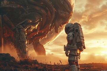 A lone astronaut stands facing a massive alien creature on a mysterious planet with a sunset backdrop