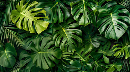 Obraz na płótnie Canvas Lush monstera and palm leaves in a dense jungle pattern