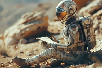 An astronaut sits on the desert ground, engrossed in reading, amidst a rocky landscape, suggesting study - obrazy, fototapety, plakaty