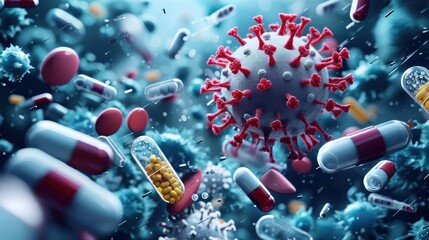the microscopic view of a virus and pharmaceutical capsules, highlighting the medical concept