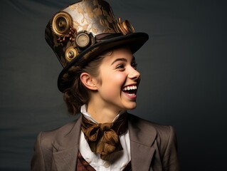 A young girl in a costume with a hat and a bow tie is smiling