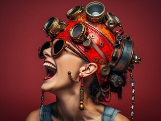 A young girl in a Steampunk costume, smiling