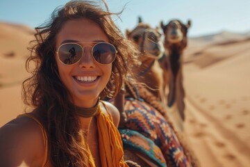 Young woman in vibrant attire leading friend group on a camel caravan