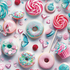 Candy and sweets with hearts and butterflies pattern