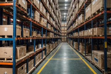 Fotobehang A large warehouse with many boxes stacked on shelves. The boxes are mostly brown and white. Labeling goods in the warehouse for better organization and inventory management © polack