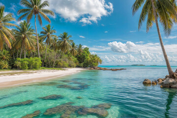 A beautiful beach with palm trees and a clear blue ocean. The water is calm and the sky is clear