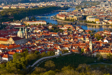 Fototapeta na wymiar Prague aerial city and river view. Vltava river 