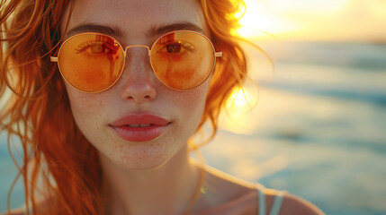 Young woman with sunglasses at sunset on the beach