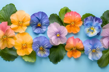 Fotobehang Border in  pansies flowers on pastel  blue background. Background for banner, wedding greeting card, St Valentines, Women's, Mothers day. copy space  © Olga