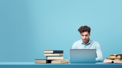 A student or scientist sits at a table with a laptop and books, and studies or reads. Banner on a plain background with a place to insert text.