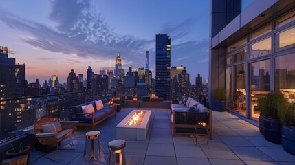 A chic urban rooftop terrace, with stylish outdoor furniture and panoramic views of the city...