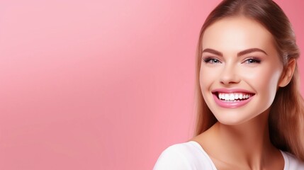 Universal photorealistic banner with a girl smiling with beautiful white teeth, close-up on a pink plain background, close-up with space to insert text