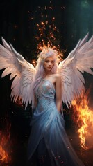 Woman angel with beautiful wings and fire