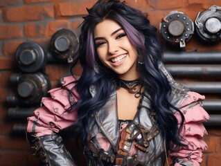 Fototapeta na wymiar A woman with purple hair is smiling and wearing a leather jacket