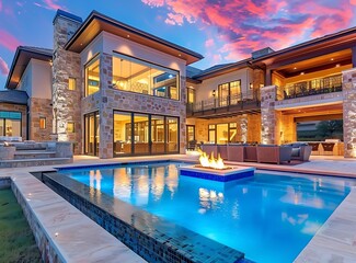 Fototapeta na wymiar A large, modern house with an outdoor pool and fire pit at sunset in Texas, USA