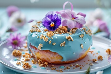 Fototapeta na wymiar A donut with blueberry cream and decorated with flowers kept in a plate with a big space for text or product, Generative AI.