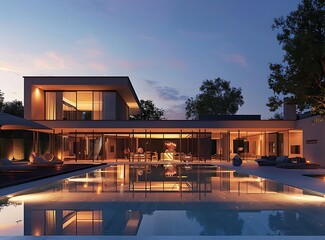 A large, modern house with an elegant pool and outdoor lighting at night