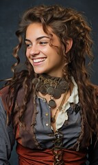 A woman with long brown hair and a pirate costume is smiling