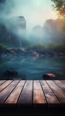 A serene setting featuring a misty mountain river with rocks and a wooden platform overlooking a tranquil, fog-enshrouded landscape, perfect for a natural product presentation or creative showcase.


