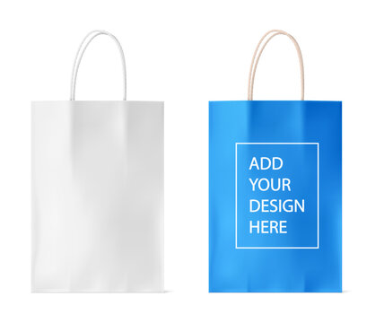 Paper shopping bags Mockup. Blue and White packaging with rope handles for supermarket or grocery store. Branding Design template isolated on white transparent background. Vector illustration.