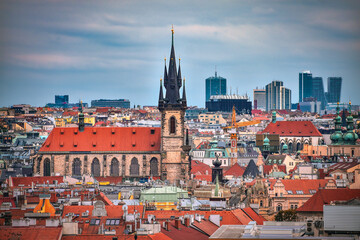 Old Town Square Prague. Aerial overview. The Gothic Church of Our Lady before Týn