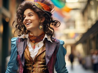 Obraz premium A woman in a costume is smiling and walking down a street