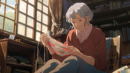 A very elderly, unassuming, gray-haired woman tends to her aged cat within her apartment, which has a simple interior.
