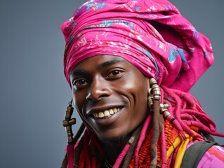 A man with dreadlocks and a pink scarf on his head is smiling
