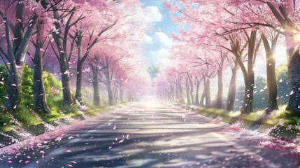 Blossoming Cherry Trees Lining a Sunny Urban Road