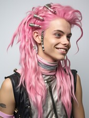 Naklejka premium A woman with pink hair and a silver necklace is smiling