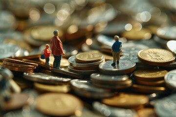 Obraz premium A pile of coins and miniature people. The concept of income distribution and poverty.