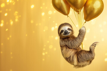 Fototapeta premium Cute sloth animal holding a bunch of golden balloons on a bright pastel gold background. Birthday party vibes, vibrant colors.