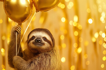 Fototapeta premium Cute sloth animal holding a bunch of golden balloons on a bright pastel gold background. Birthday party vibes, vibrant colors.