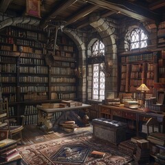 A medieval scholar's study, filled with ancient books and scrolls.