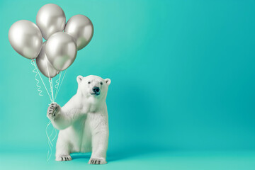 Cute polar bear animal holding a bunch of silver balloons on a bright pastel blue background. Birthday party vibes, vibrant colors.