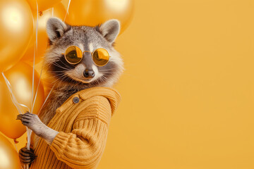 Cute Raccoon animal holding a bunch of golden balloons on a bright pastel orange background. Birthday party vibes, vibrant colors.