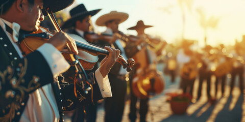Traditional Mexican musicians wearing national costumes, banner
