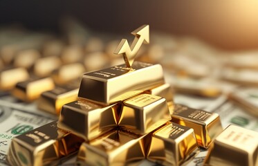 Arrow on a gold bar that points upwards and background blurred dollar bills. Gold market growth and Investment. 3D render illustration.