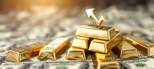 Arrow on a gold bar that points upwards and background blurred dollar bills. Gold market growth and Investment. 3D render illustration.