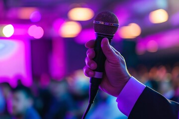 A man in a business suit holds a microphone, addressing the audience. The background is an unfocused crowd of listeners in the hall. Education, presentation, conference