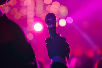 Obraz premium A man in a business suit holds a microphone, addressing the audience. The background is an unfocused crowd of listeners in the hall. Education, presentation, conference