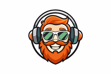 A music company Logo: a smiling dude with orange beard and sunglasses and headphones, ink style, white background