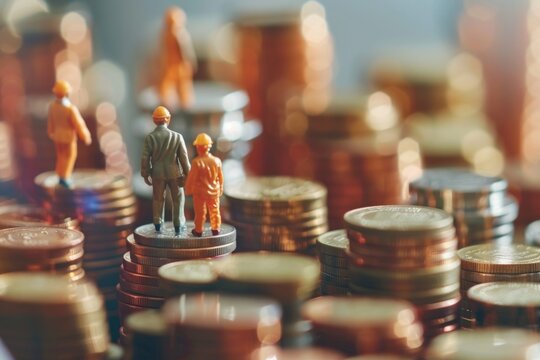 Miniature people with piles of coins. The concept of workers demanding a minimum wage increase.