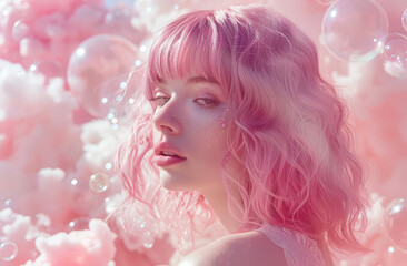 Beautiful woman with pink hair, standing in front of bubbles and cotton candy clouds, pastel colors