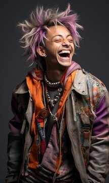 A boy with color hair and a color jacket is smiling