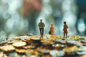 The concept of racial income gap. Miniature people standing on pile of coins. - obrazy, fototapety, plakaty