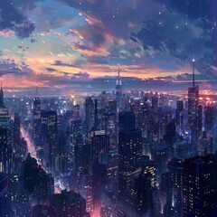 A mesmerizing cityscape at dusk, with twinkling lights from towering skyscrapers dotting the...