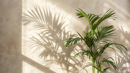 Fototapeta na wymiar Decorative plant in the sun against the wall in empty studio background for product presentation. The shadow of the leaves of the plant on the wall.